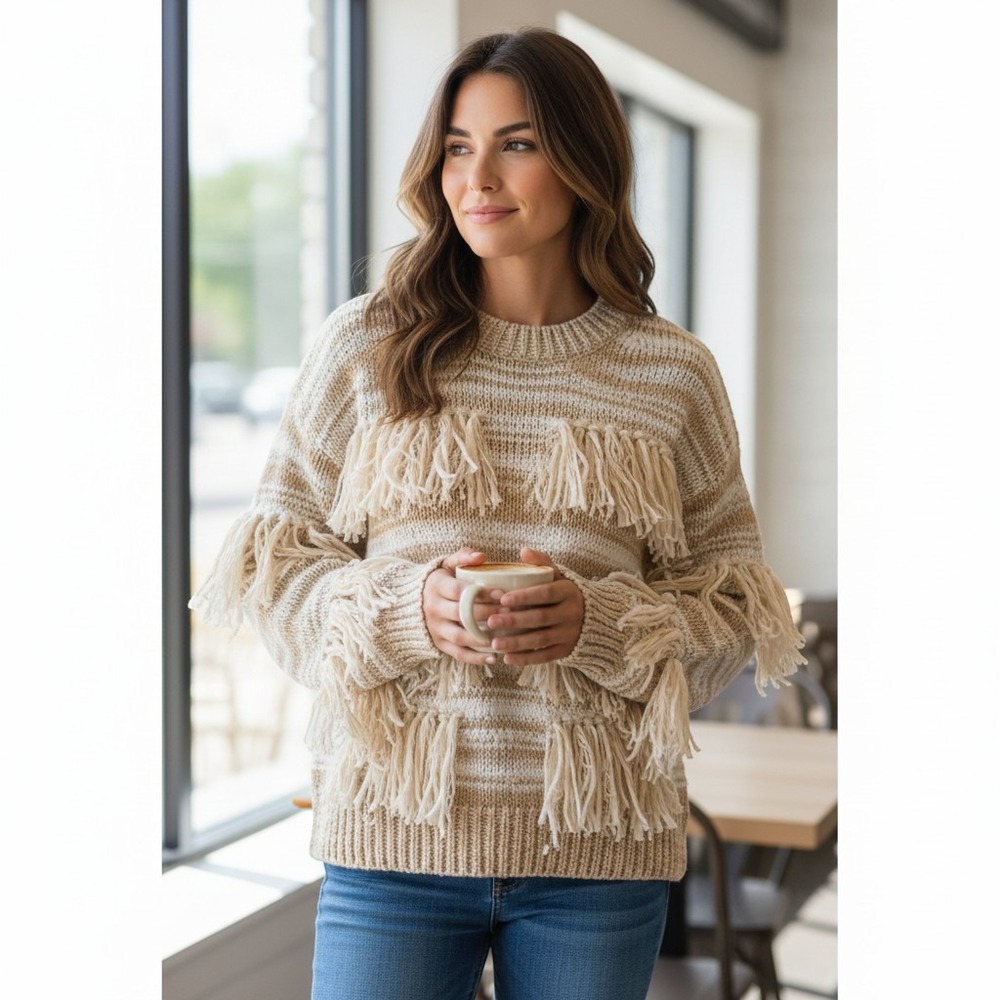Michael Kors Fringe Striped Knit Sweater Beige White XS Boho Crewneck Pullover